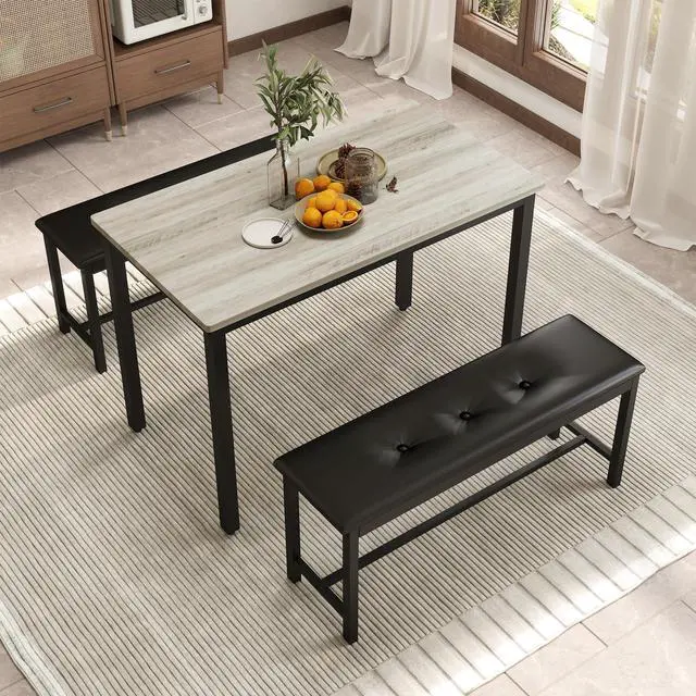 Main image of Dining Table Set for 4, Wood Kitchen Table & Chair with 2 Upholstered Benches for Breakfast Nook and Small Space, Grey