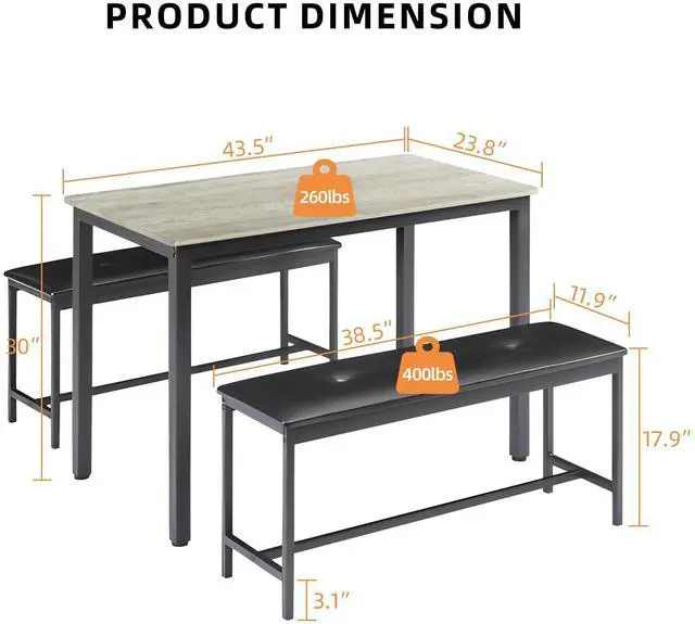 Alt view image 2 of 6 - Dining Table Set for 4, Wood Kitchen Table & Chair with 2 Upholstered Benches for Breakfast Nook and Small Space, Grey