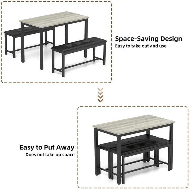 Alt view image 3 of 6 - Dining Table Set for 4, Wood Kitchen Table & Chair with 2 Upholstered Benches for Breakfast Nook and Small Space, Grey