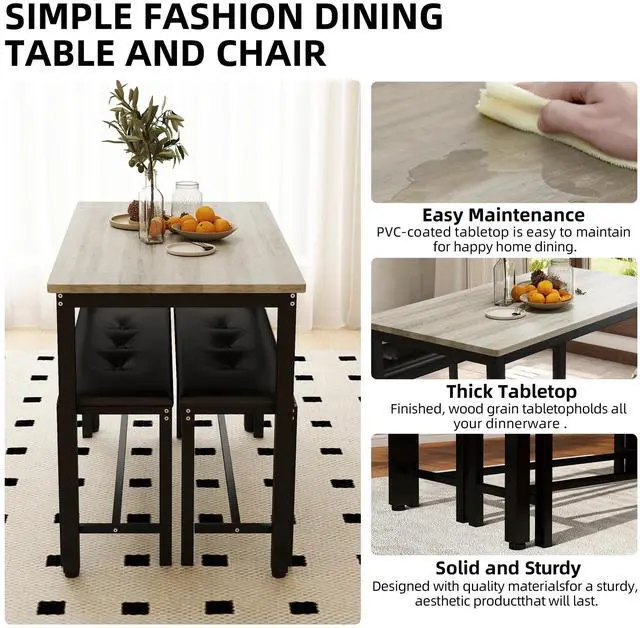 Alt view image 4 of 6 - Dining Table Set for 4, Wood Kitchen Table & Chair with 2 Upholstered Benches for Breakfast Nook and Small Space, Grey