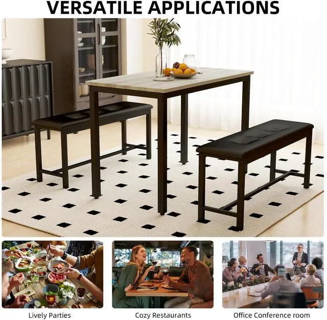 Alt view image 5 of 6 - Dining Table Set for 4, Wood Kitchen Table & Chair with 2 Upholstered Benches for Breakfast Nook and Small Space, Grey