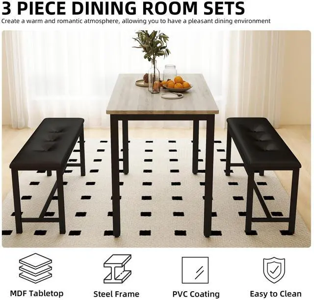 Alt view image 6 of 6 - Dining Table Set for 4, Wood Kitchen Table & Chair with 2 Upholstered Benches for Breakfast Nook and Small Space, Grey