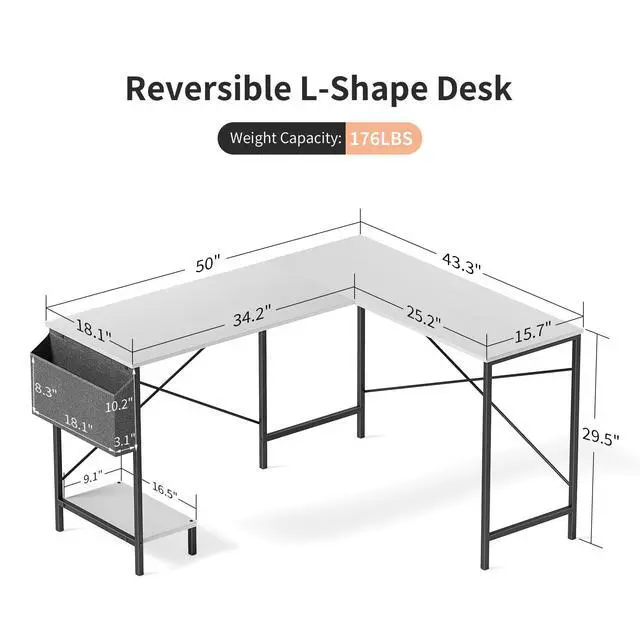 Alt view image 2 of 6 - L Shaped Desk Gaming Computer 50 Inch Reversible Corner Table PC Work Table for Writing Study Student with Wood Tabletop Metal Frame CPU Stand Side Bag for Home Office Small Place