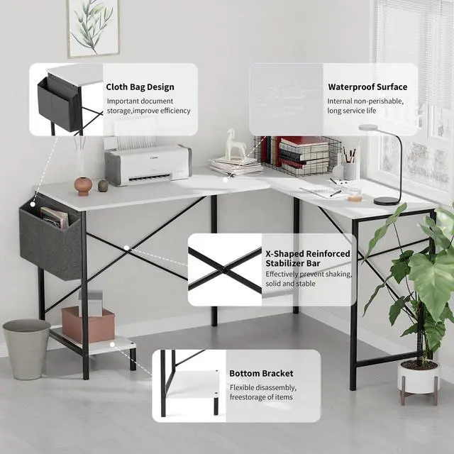 Alt view image 5 of 6 - L Shaped Desk Gaming Computer 50 Inch Reversible Corner Table PC Work Table for Writing Study Student with Wood Tabletop Metal Frame CPU Stand Side Bag for Home Office Small Place