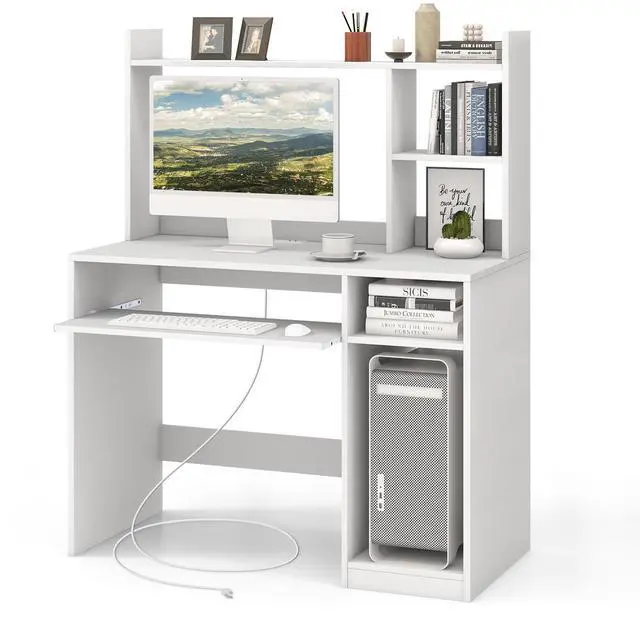 Main image of White Desk with Hutch &Charging Station, Home Office Desk with Keyboard Tray & CPU Stand, Modern Laptop PC Desk, Space-Saving Writing Study Desk with Bookshelf, Ideal for Dorm Bedroom