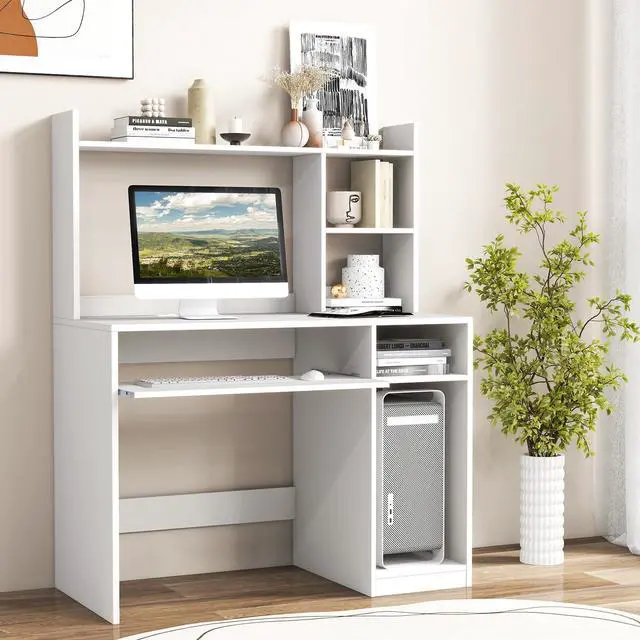 Alt view image 2 of 6 - White Desk with Hutch &Charging Station, Home Office Desk with Keyboard Tray & CPU Stand, Modern Laptop PC Desk, Space-Saving Writing Study Desk with Bookshelf, Ideal for Dorm Bedroom