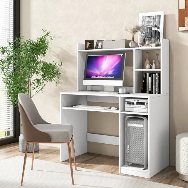 Alt view image 4 of 6 - White Desk with Hutch &Charging Station, Home Office Desk with Keyboard Tray & CPU Stand, Modern Laptop PC Desk, Space-Saving Writing Study Desk with Bookshelf, Ideal for Dorm Bedroom