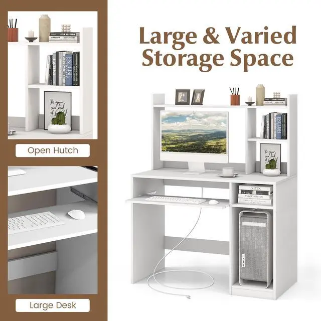 Alt view image 6 of 6 - White Desk with Hutch &Charging Station, Home Office Desk with Keyboard Tray & CPU Stand, Modern Laptop PC Desk, Space-Saving Writing Study Desk with Bookshelf, Ideal for Dorm Bedroom