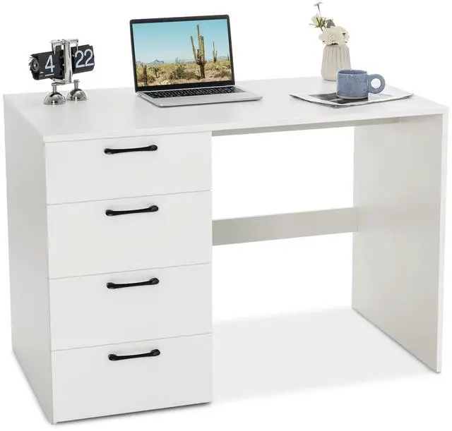 Main image of White Desk with 4 Storage Drawers, Home Office Writing Desk, Modern Executive Desk, Laptop PC Desk, Vanity Makeup Table, Computer Workstation for Bedroom, Study Room, Office
