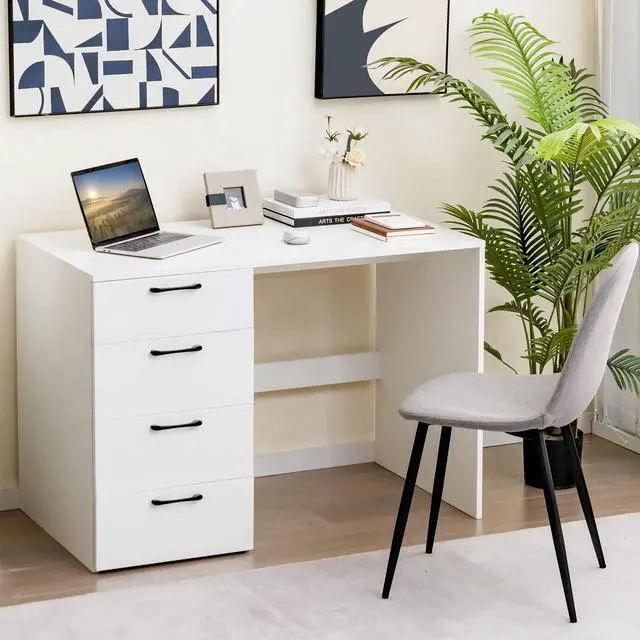 Alt view image 2 of 6 - White Desk with 4 Storage Drawers, Home Office Writing Desk, Modern Executive Desk, Laptop PC Desk, Vanity Makeup Table, Computer Workstation for Bedroom, Study Room, Office