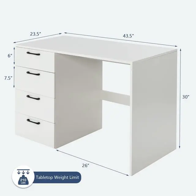 Alt view image 3 of 6 - White Desk with 4 Storage Drawers, Home Office Writing Desk, Modern Executive Desk, Laptop PC Desk, Vanity Makeup Table, Computer Workstation for Bedroom, Study Room, Office
