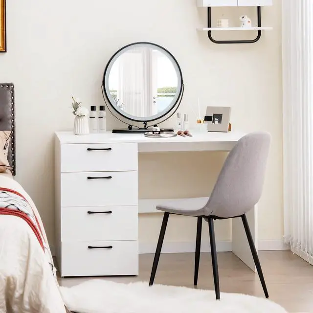 Alt view image 4 of 6 - White Desk with 4 Storage Drawers, Home Office Writing Desk, Modern Executive Desk, Laptop PC Desk, Vanity Makeup Table, Computer Workstation for Bedroom, Study Room, Office