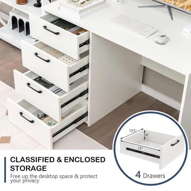 Alt view image 5 of 6 - White Desk with 4 Storage Drawers, Home Office Writing Desk, Modern Executive Desk, Laptop PC Desk, Vanity Makeup Table, Computer Workstation for Bedroom, Study Room, Office