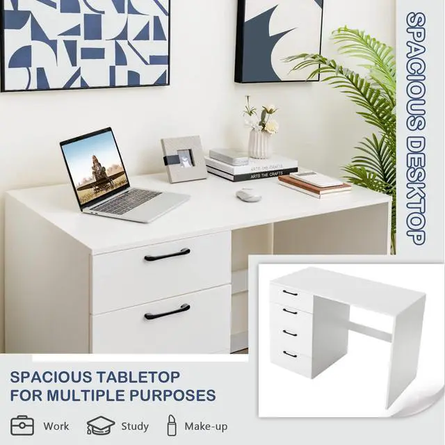 Alt view image 6 of 6 - White Desk with 4 Storage Drawers, Home Office Writing Desk, Modern Executive Desk, Laptop PC Desk, Vanity Makeup Table, Computer Workstation for Bedroom, Study Room, Office