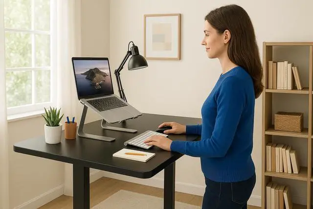 Alt view image 2 of 6 - Electric Standing Desk Adjustable Height 40x24 Compact Sit Stand Desk with Memory Presets, Home Office Workstation, Ergonomic Small Computer Table, Black Frame and Black Top