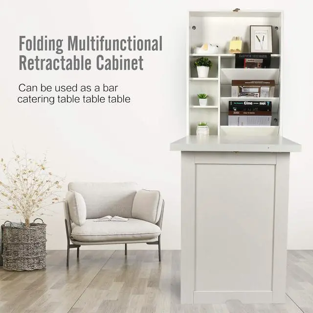 Alt view image 6 of 6 - YUSING Wall Mounted Table, Fold Out Convertible Desk Multi-Function Computer Desk Writing Desk Home Office Wood Wall Floating Desk with Large Storage Area