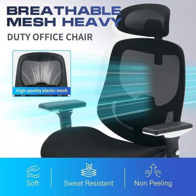 Alt view image 3 of 6 - 700lbs Big and Tall Office Chair for Heavy People Ergonomic Mesh Desk Chair with Wide Thick Seat Cushion, Adjustable Lumbar Support, 4D Armrests and Headrest for Aitting All Day