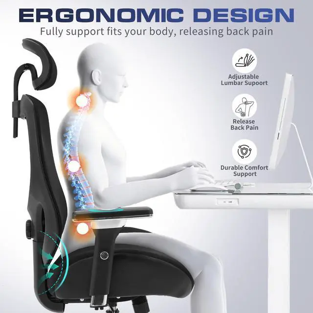 Alt view image 4 of 6 - 700lbs Big and Tall Office Chair for Heavy People Ergonomic Mesh Desk Chair with Wide Thick Seat Cushion, Adjustable Lumbar Support, 4D Armrests and Headrest for Aitting All Day
