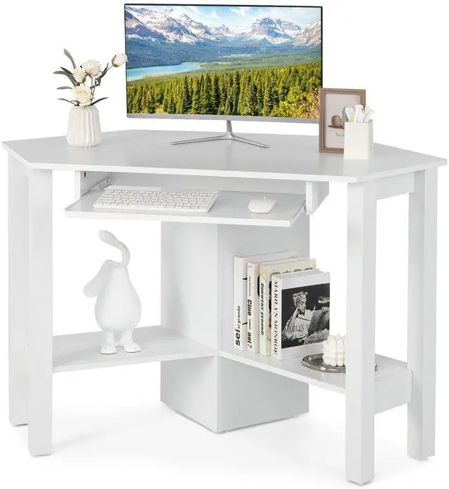 Main image of Corner Desk, Corner Computer Desk, Wood Compact Home Office Desk, Laptop PC Table Writing Study Table, Workstation with Storage Drawer & Shelves