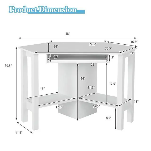 Alt view image 3 of 6 - Corner Desk, Corner Computer Desk, Wood Compact Home Office Desk, Laptop PC Table Writing Study Table, Workstation with Storage Drawer & Shelves