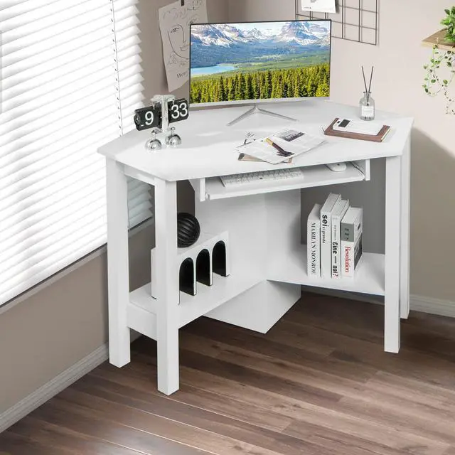 Alt view image 4 of 6 - Corner Desk, Corner Computer Desk, Wood Compact Home Office Desk, Laptop PC Table Writing Study Table, Workstation with Storage Drawer & Shelves