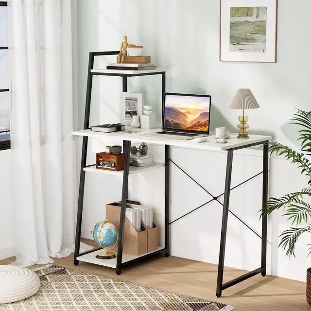 Alt view image 2 of 6 - Computer Desk with Shelves, Space Saving Home Office Desk with 3-Tier Ladder Shaped Storage Bookshelf, Modern Writing Study Desk with Metal Frame, Compact Computer Workstation (White)