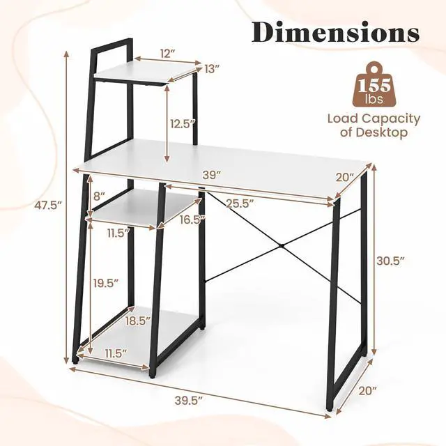 Alt view image 3 of 6 - Computer Desk with Shelves, Space Saving Home Office Desk with 3-Tier Ladder Shaped Storage Bookshelf, Modern Writing Study Desk with Metal Frame, Compact Computer Workstation (White)
