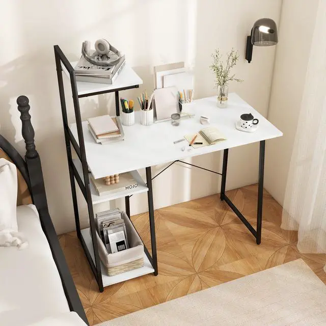 Alt view image 4 of 6 - Computer Desk with Shelves, Space Saving Home Office Desk with 3-Tier Ladder Shaped Storage Bookshelf, Modern Writing Study Desk with Metal Frame, Compact Computer Workstation (White)