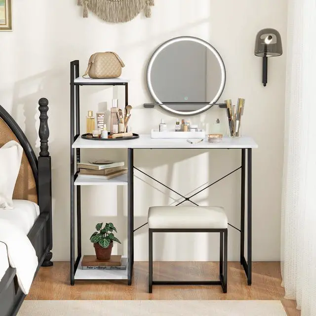 Alt view image 5 of 6 - Computer Desk with Shelves, Space Saving Home Office Desk with 3-Tier Ladder Shaped Storage Bookshelf, Modern Writing Study Desk with Metal Frame, Compact Computer Workstation (White)