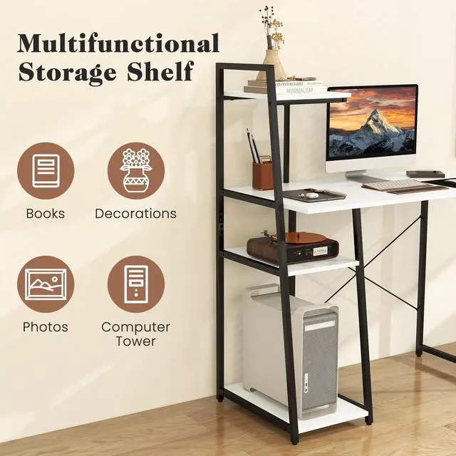 Alt view image 6 of 6 - Computer Desk with Shelves, Space Saving Home Office Desk with 3-Tier Ladder Shaped Storage Bookshelf, Modern Writing Study Desk with Metal Frame, Compact Computer Workstation (White)