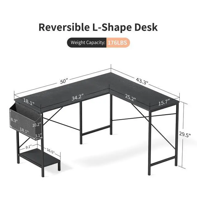 Alt view image 3 of 6 - L Shaped Desk Gaming Computer 50 Inch Reversible Corner Table PC Work Table for Writing Study Student with Wood Tabletop Metal Frame CPU Stand Side Bag for Home Office Small Place