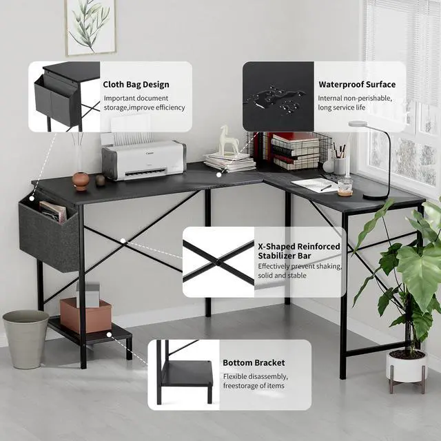 Alt view image 4 of 6 - L Shaped Desk Gaming Computer 50 Inch Reversible Corner Table PC Work Table for Writing Study Student with Wood Tabletop Metal Frame CPU Stand Side Bag for Home Office Small Place
