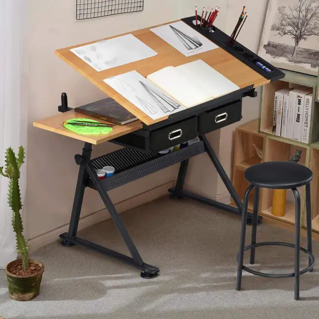 Alt view image 2 of 6 - Height Adjustable Drafting Table Drawing Desk Tiltable Tabletop Art Craft Work Station with Stool for Artists Painters Students Adults
