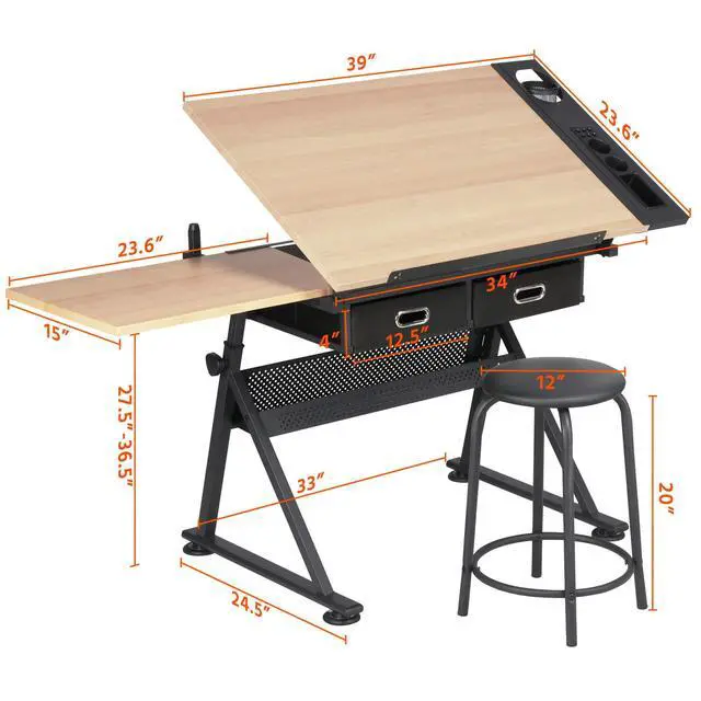 Alt view image 3 of 6 - Height Adjustable Drafting Table Drawing Desk Tiltable Tabletop Art Craft Work Station with Stool for Artists Painters Students Adults