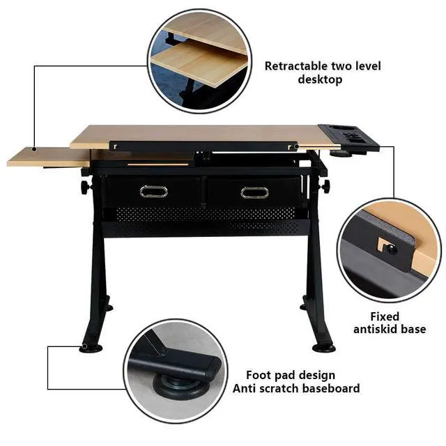 Alt view image 6 of 6 - Height Adjustable Drafting Table Drawing Desk Tiltable Tabletop Art Craft Work Station with Stool for Artists Painters Students Adults