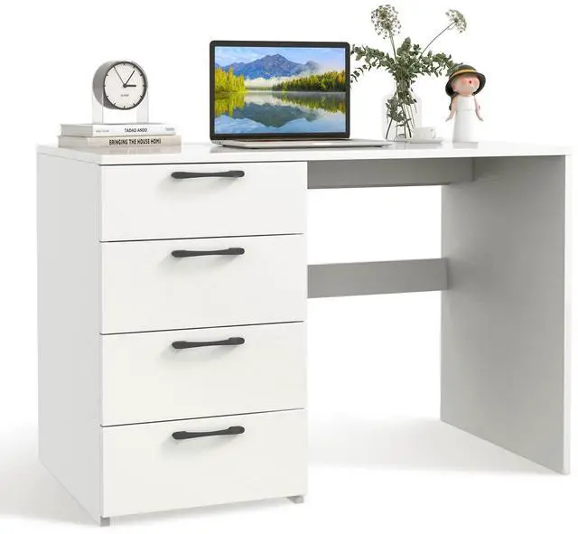 Main image of White Computer Desk with 4 Large Drawers, Home Office Laptop PC Desk, Writing Table, Modern Computer Workstation for Bedroom Study Room