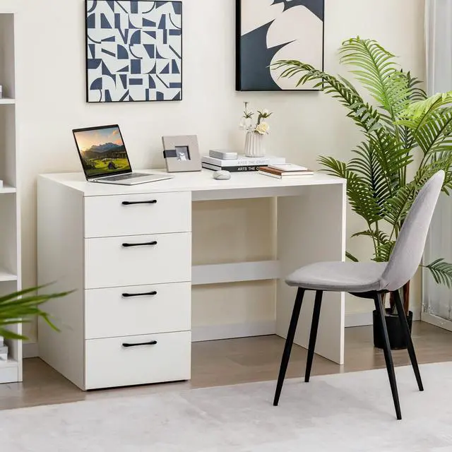 Alt view image 2 of 6 - White Computer Desk with 4 Large Drawers, Home Office Laptop PC Desk, Writing Table, Modern Computer Workstation for Bedroom Study Room