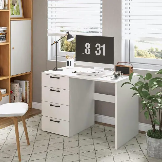 Alt view image 4 of 6 - White Computer Desk with 4 Large Drawers, Home Office Laptop PC Desk, Writing Table, Modern Computer Workstation for Bedroom Study Room