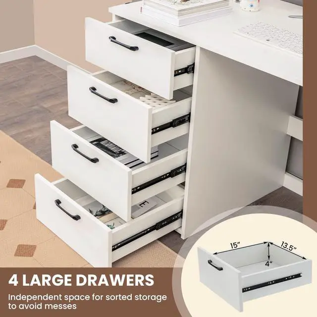 Alt view image 6 of 6 - White Computer Desk with 4 Large Drawers, Home Office Laptop PC Desk, Writing Table, Modern Computer Workstation for Bedroom Study Room