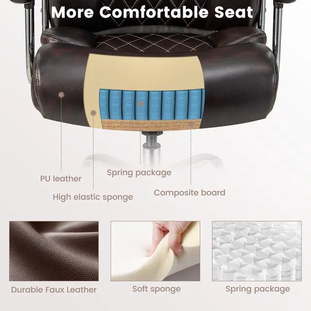 Alt view image 6 of 6 - Big and Tall Office Chair - 500LBS High Back Executive Desk Chair Adjustable Leather Computer Chair Home Office Extra Wide Swivel Task Chair for Heavy People Adults Brown