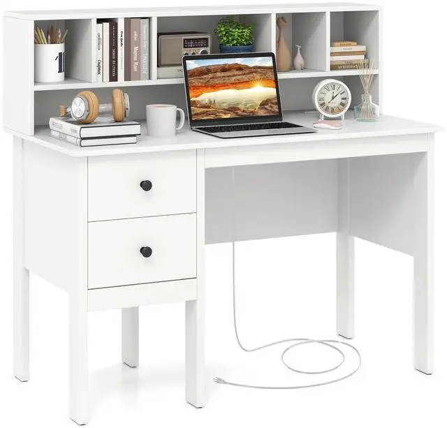 Main image of White Desk with Drawers & Hutch, Home Office Desk with Charging Station, 5 Storage Cubbies, Makeup Vanity Table, Modern Study Writing Desk, PC Laptop Desks, Computer Workstation for Bedroom