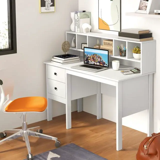 Alt view image 2 of 6 - White Desk with Drawers & Hutch, Home Office Desk with Charging Station, 5 Storage Cubbies, Makeup Vanity Table, Modern Study Writing Desk, PC Laptop Desks, Computer Workstation for Bedroom
