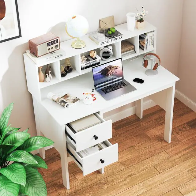 Alt view image 4 of 6 - White Desk with Drawers & Hutch, Home Office Desk with Charging Station, 5 Storage Cubbies, Makeup Vanity Table, Modern Study Writing Desk, PC Laptop Desks, Computer Workstation for Bedroom