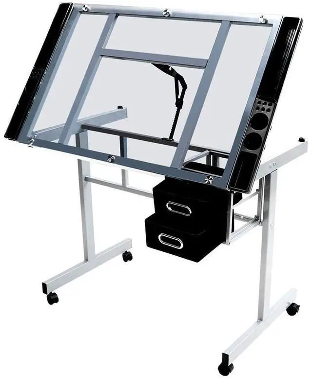 Main image of Glass Drafting Table Rolling Drawing Desk Artists Art Craft Desk w/2 Slide Drawers and Wheels for Home Office School