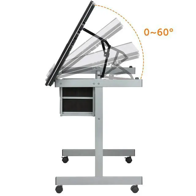 Alt view image 5 of 6 - Glass Drafting Table Rolling Drawing Desk Artists Art Craft Desk w/2 Slide Drawers and Wheels for Home Office School