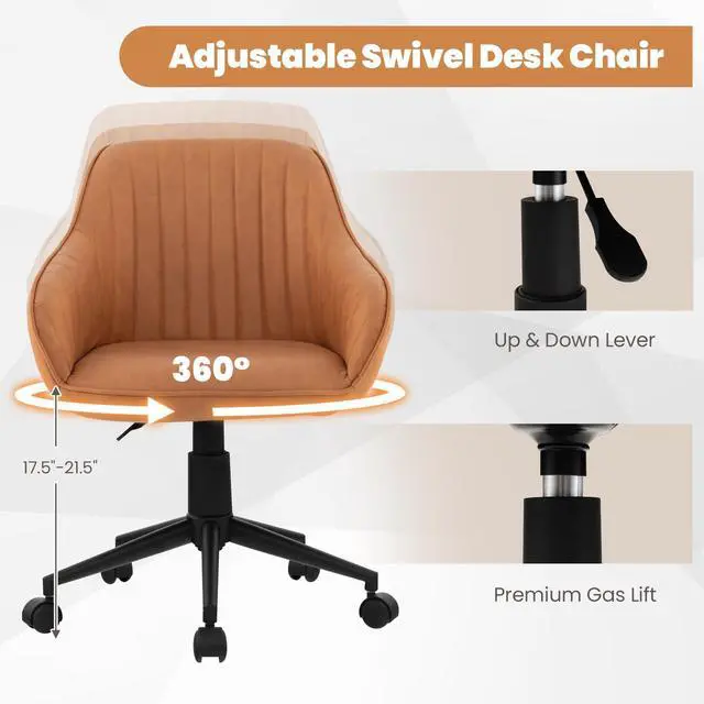 Alt view image 5 of 6 - Leather Office Chair Brown, Mid Century Desk Chair with Wheels and Ergonomic Armrests, Adjustable Swivel Rolling Task Chair, Upholstered Leisure Arm Chair for Home Office Study Bedroom (1)
