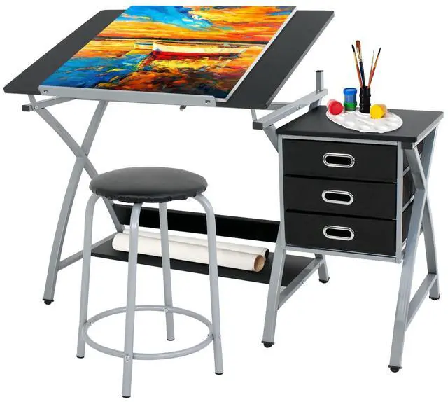 Main image of Drafting Table and Stool, Tilted Draft Table Desk w/Drawers, Artist Drawing Desk Craft Table for Drafting, Painting, Reading, Writing