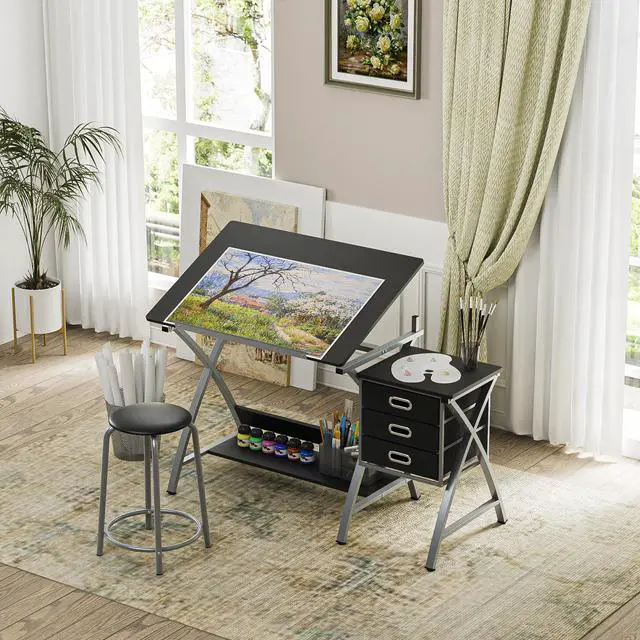 Alt view image 2 of 6 - Drafting Table and Stool, Tilted Draft Table Desk w/Drawers, Artist Drawing Desk Craft Table for Drafting, Painting, Reading, Writing
