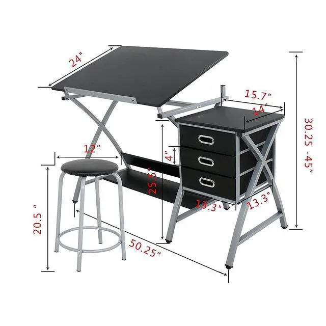 Alt view image 3 of 6 - Drafting Table and Stool, Tilted Draft Table Desk w/Drawers, Artist Drawing Desk Craft Table for Drafting, Painting, Reading, Writing