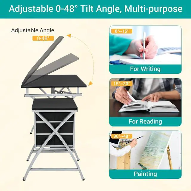 Alt view image 4 of 6 - Drafting Table and Stool, Tilted Draft Table Desk w/Drawers, Artist Drawing Desk Craft Table for Drafting, Painting, Reading, Writing